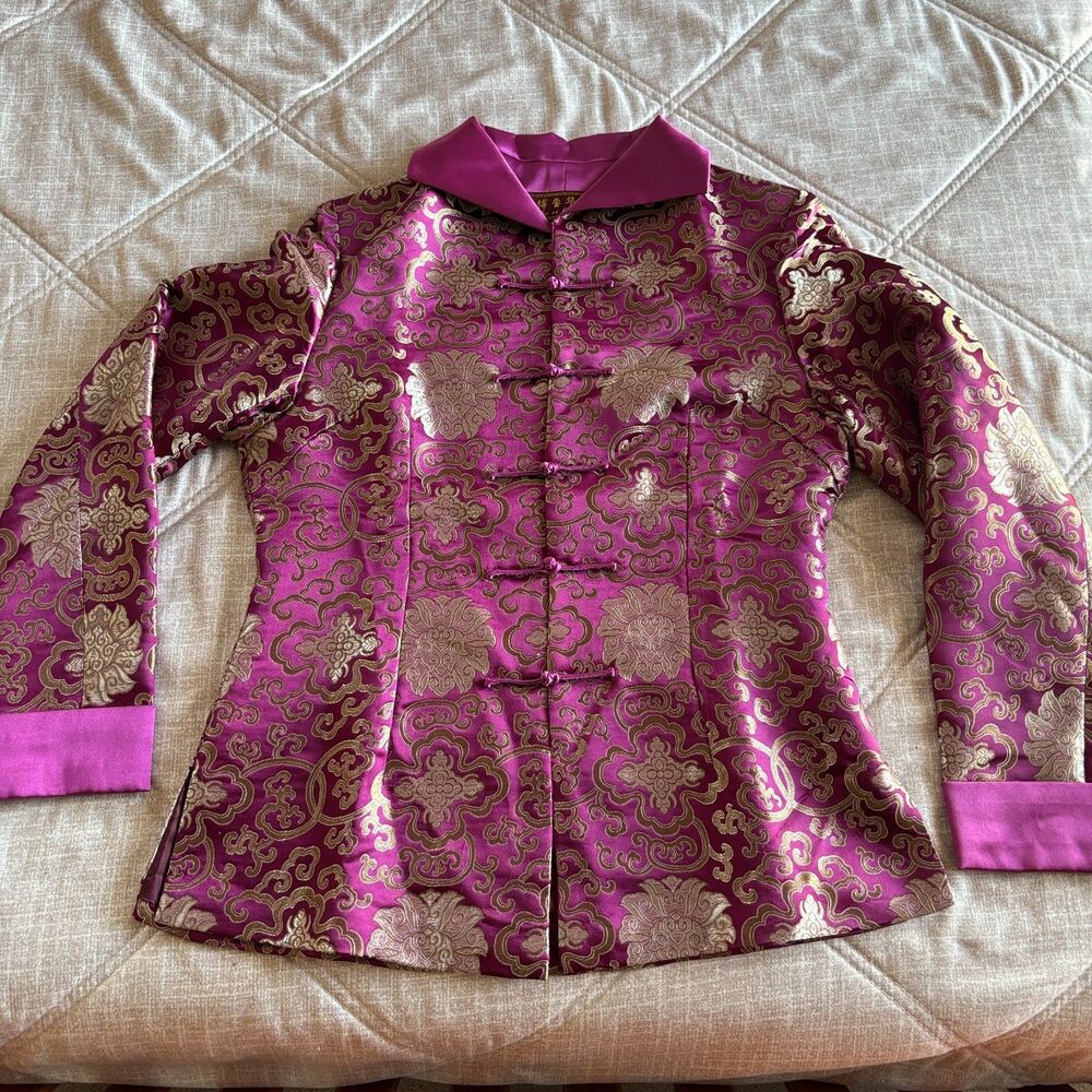 Bo Xi Hua Fu Magenta Gold Brocade Frog Button Tang Suit Cheongsam Jacket